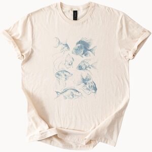 Seven Fish Blue Ink Graphic Tee Naturalist Illustration Art